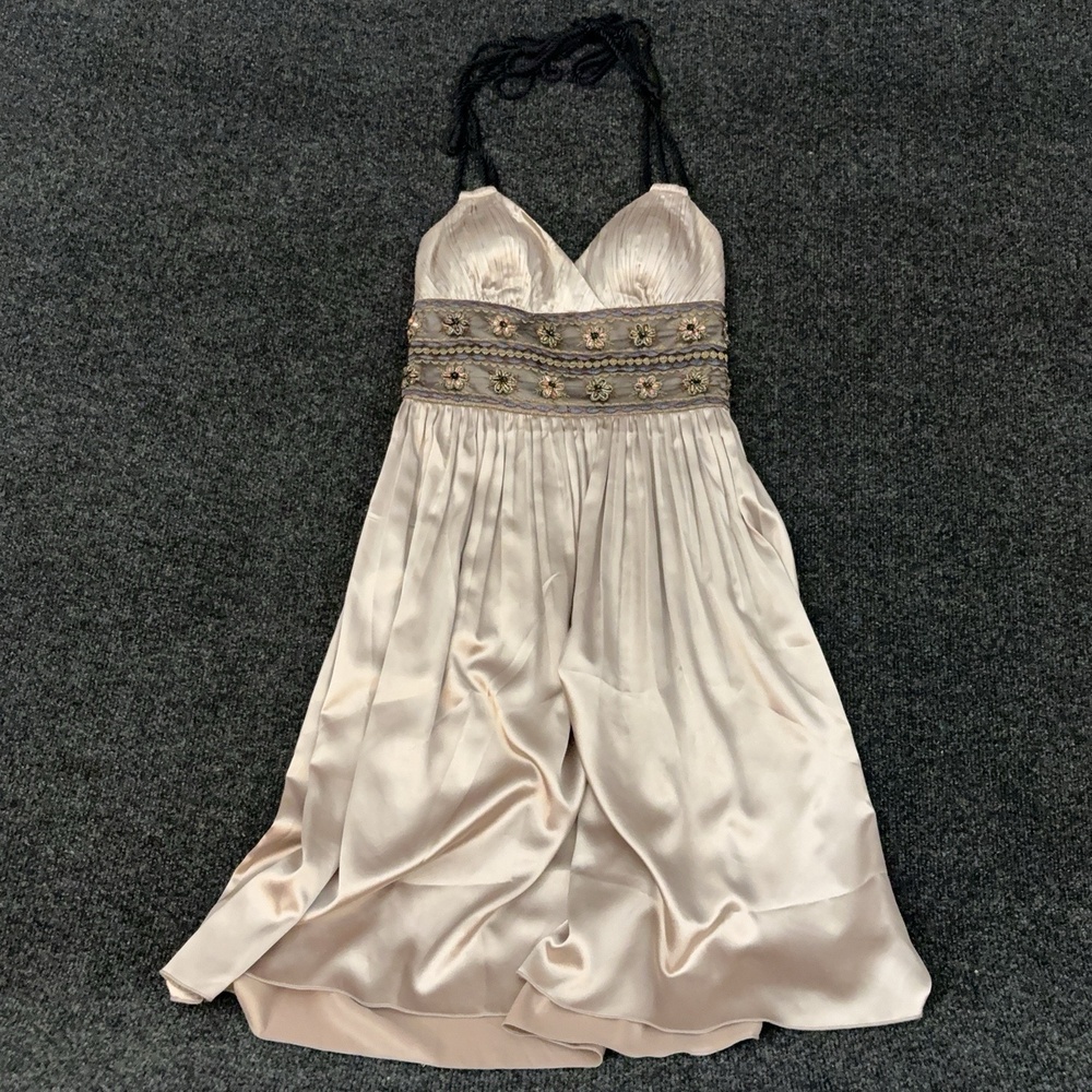 Lyndia By Lyndia Procanik Dress Womens 2 Beige Halter Beaded Satin Fit & Flare